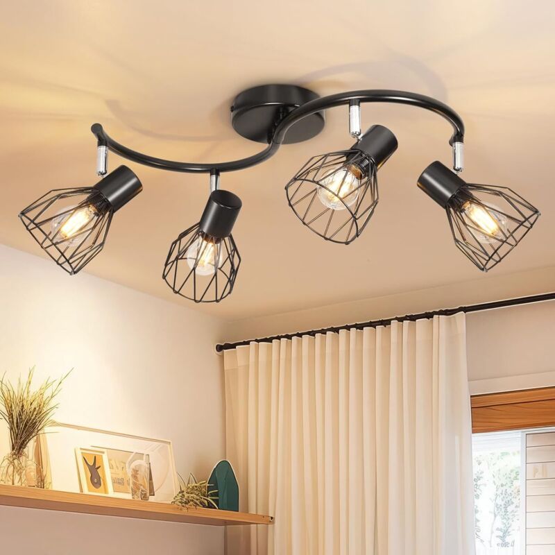 Luminaire Plafonnier Led Orientable 4 Spot Noir - Plafonnier Industriel Luminaire E14 Spots de Plafond - Rampe de Spots Applique Murale Chambre Sans