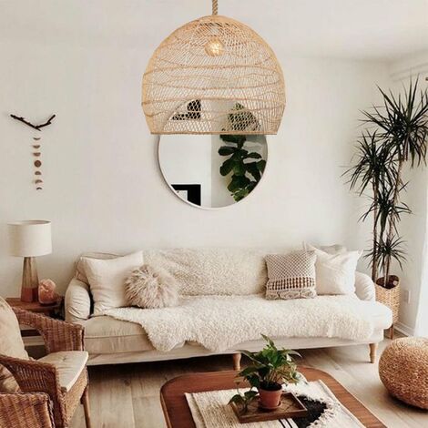 Luminaire suspendu en rotin et corde, câblé naturel, pour îlot de cuisine D40 cm x H40 cm