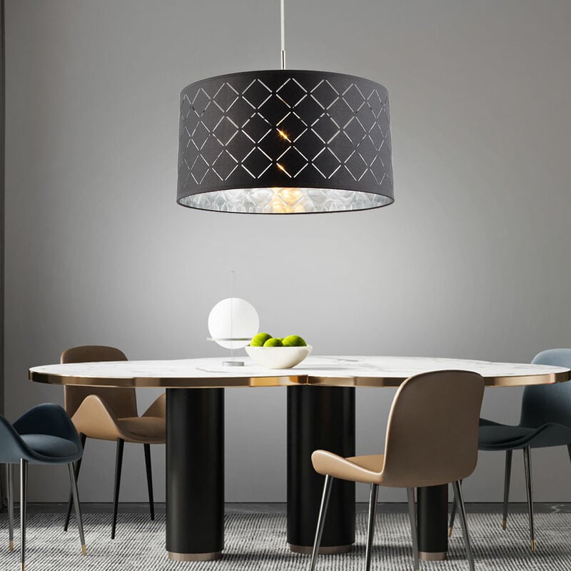 Luminaire suspendu lampe de salon suspendu rond 1 flamme suspension table à manger moderne, textile gris/argent, 1x E27, DxH 40x140 cm