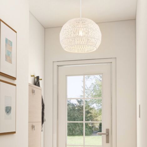 Luminaire Suspension Ø 43 x H 34cm Forme Rond en Papier Tissé Abat-jour Métalliques avec Corde Réglable E27 40W pour Cuisine