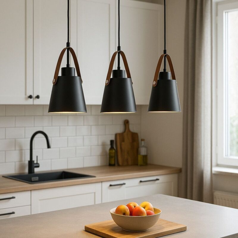 Luminaire suspension en Métal noir et lanière cuir 3 lampes E27 RICHMOND