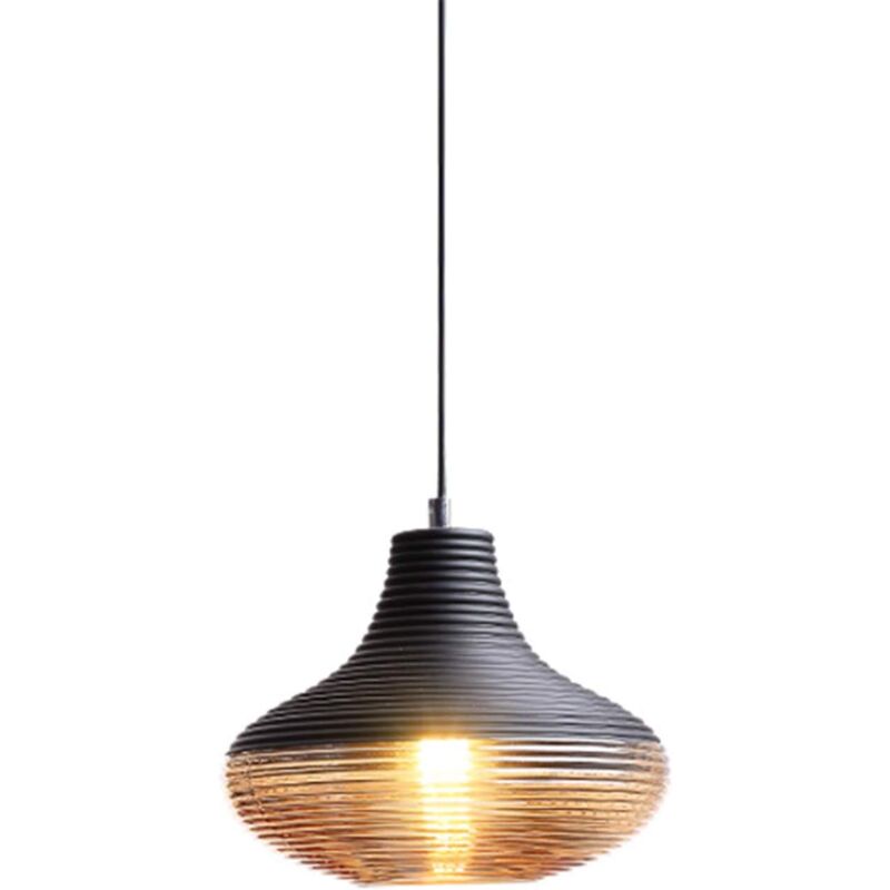 Luminaire Suspension industriel Vintage en Métal et Verre à rayures, Lampe à Suspension Retro E27 Loft Bar Large Noire & Ambre