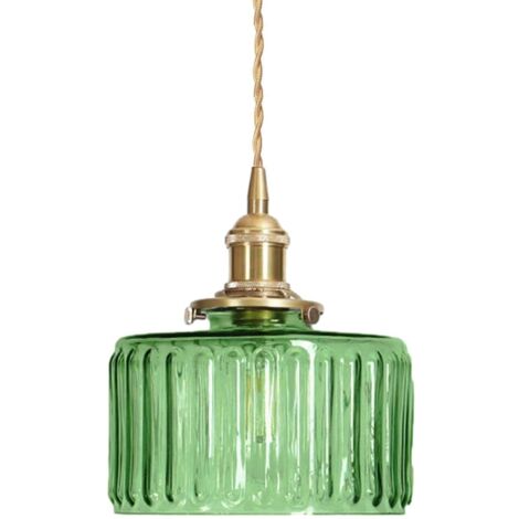 Luminaire Suspension Industriel Vintage en Verre Vert, Douille E27 en Laiton avec Interrupteur, Lampe Suspendu Réglable en Hauteur, Lustre pour Cuisine, Chambre, Salle à Mange
