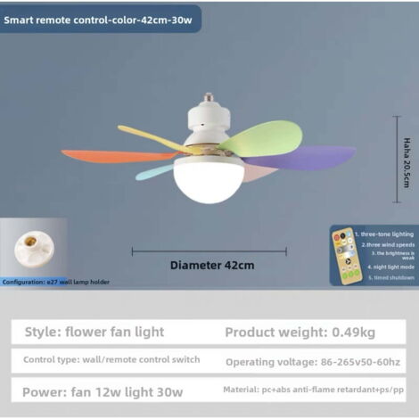Luminaire ventilateur de plafond à 6 pales E27 avec télécommande combinaison ventilateur et lampe de plafond couleur 30W changement de trois couleurs modèle avec télécommande avec douille