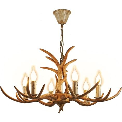 Luminaires de plafond avec 6 supports de lampe en spirale E14, faux plafonnier en bois de cerf, lustre de style vintage, suspensions rustiques pour salle à manger, salon, bar, café