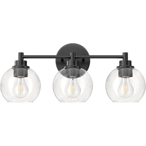 Luminaires de salle de bain, 3 lampes au-dessus d'un miroir, avec abat-jour en verre globe et douilles E27, noir, sans ampoule