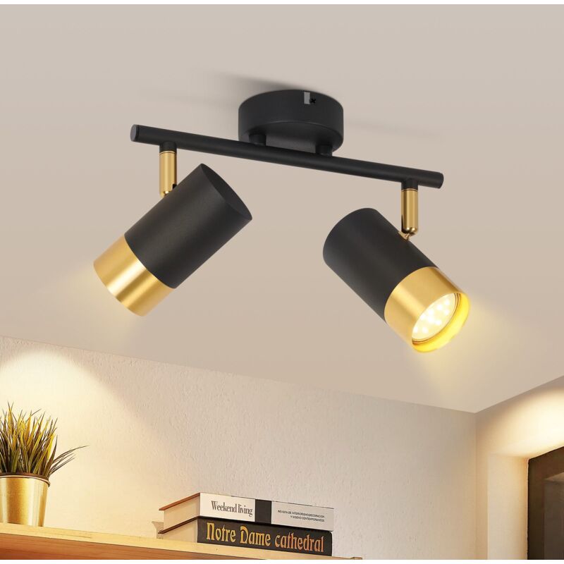 Luminaria de techo Gbly con 2 focos para cocina GU10 - Negro. Foco de pared para pasillo, foco giratorio de 350°. Lámpara de pasillo de estilo retro