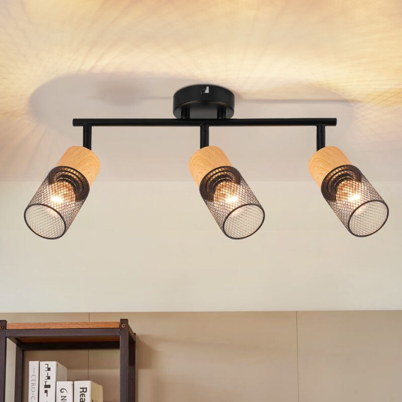 Gbly - Luminaria de techo 3 focos: luminaria vintage de techo con focos de madera orientables a 350°, focos de techo E14, lámpara de cocina, foco