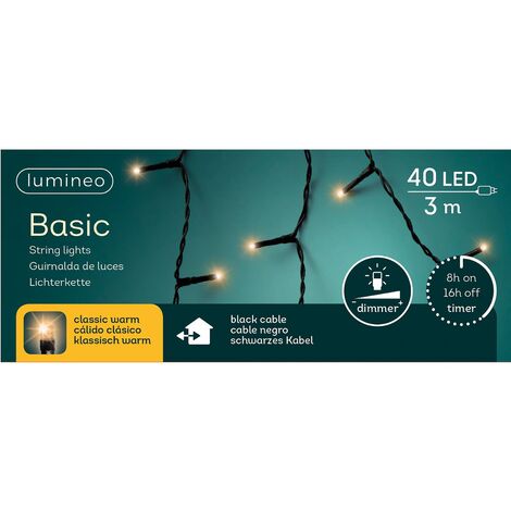 Lumineo LED Lichterkette Basic 300 cm 40 Lichter classic warm mit Dimmer & Timer