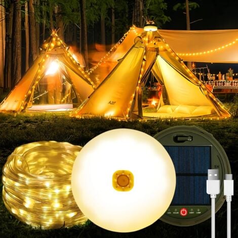 AUTRES Lumineuse Escamotable, 12M 120 LED Guirlande Lumineuse Camping Solaire Extérieur et Intérieur, 3600mAh Guirlande Lumineuse Escamotable Portative Imperméable pour Camping, Blanc Chaud