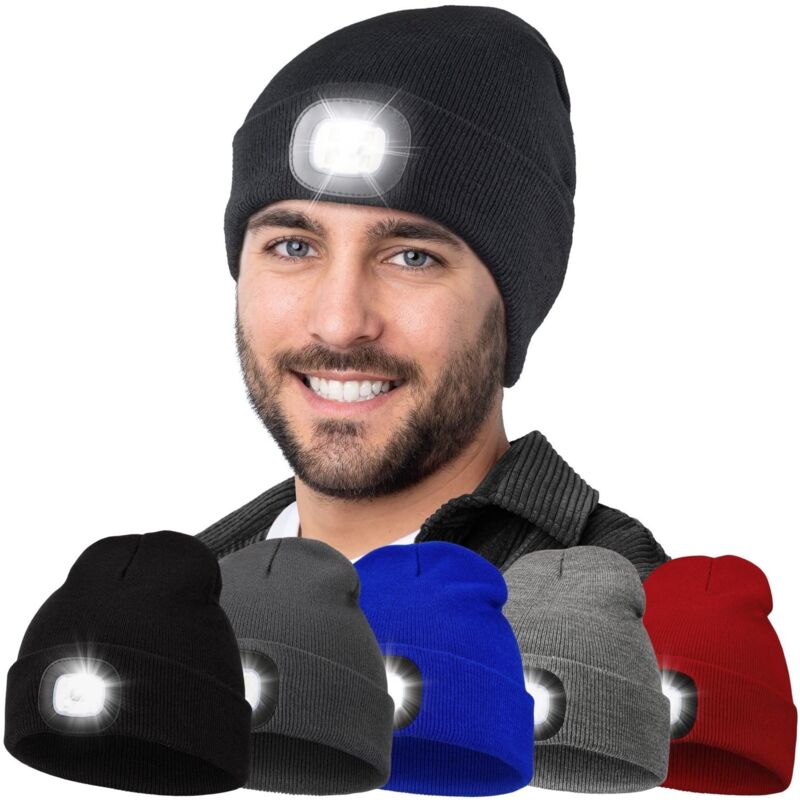 Lumineux Bonnet Chapeau, USB Rechargeable 4 LED Chapeau de Course Lampe Frontale Étanche Lumière Hiver Cadeaux pour Hommes et Femmes