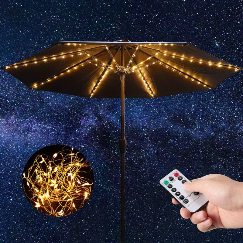 KAEJYIUT-Lumières de Parasol de Patio Guirlande Lumineuse Blanche Chaude avec Télécommande 104 LED Lumineuses 8 Modes Lumières de Poteau Extérieures