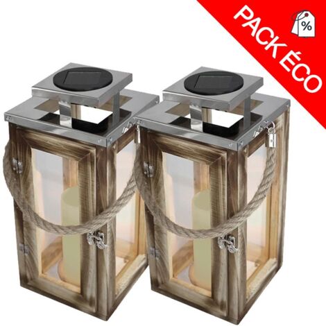 Lumisky – Lot de 2 lanternes solaires en bois – Alimentation solaire – Autonomie 8h – IP44 – Charge 4-6h – Éclairage d'ambiance extérieure