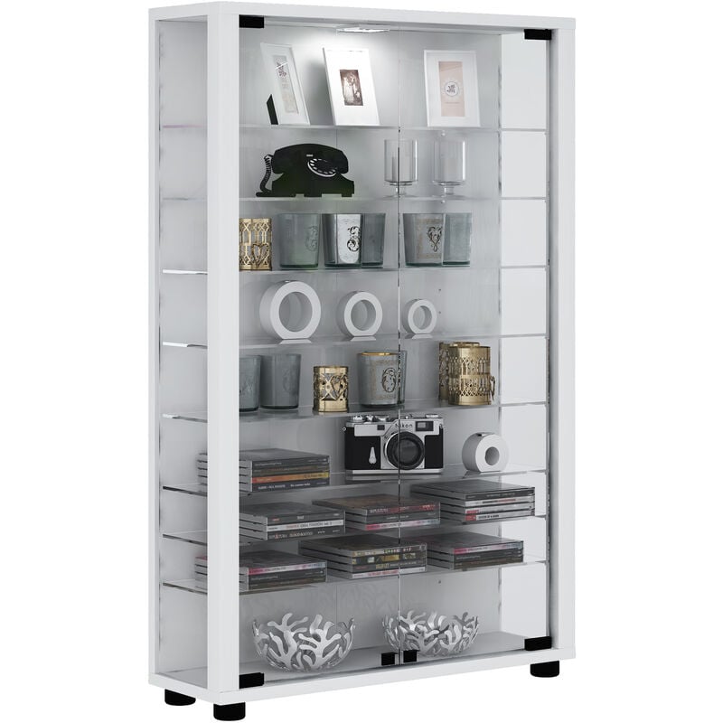 Ebuy24 - Lumo Mini Vitrine, 2 portes vitrées, tablettes en verre, éclairage incluss led, blanc.