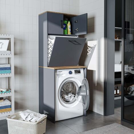 Luna Washing Machine Cabinet with Built In Laundry Basket and Storage Cupboards, Oak Effect and Anthracite