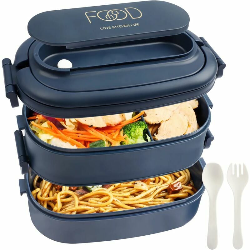 Ormromra - Lunch Box: 2-Couches Bento Lunch Box avec Couverts - 1550ml 3-Compartiment Boite Repas - Plastique Sans bpa Compartimentée Bento Box