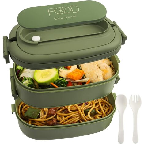 Lunch Box: 2-Couches Bento Lunch Box avec Couverts - 1550ml 3-Compartiment Boite Repas - Plastique Sans BPA Compartimentée Bento Box - Compartiment Boite Bento pour Adultes et Homme (Vert)