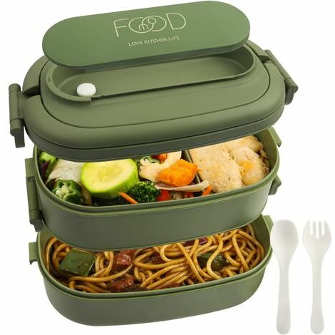 Lunch Box: 2-Couches Bento Lunch Box avec Couverts - 1550ml 3-Compartiment Boite Repas - Plastique Sans BPA Compartimentée Bento Box - Compartiment Boite Bento pour Adultes et Homme (Vert)