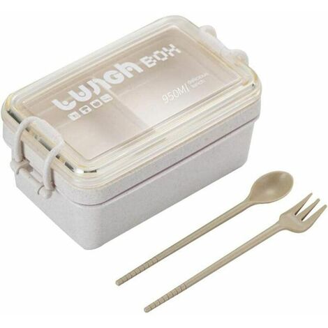 Lunch Box, Bento Box, Anti-Fuite Écologique Bento, Blé Naturel 2 Compartiments 950ml Anti-Fuite Écologique Boîte de Conservation avec Fourchette, Cuillère pour Kids Adultes (Beige)