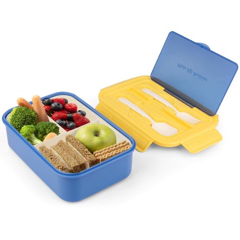 Lunch Box, Bento Lunch Box en Plastique pour Enfant Adulte, 1400 ML Boite Repas avec Couverts(Fourchette et Cuillère), sans BPA, pour Micro-Ondes et Lave-Vaisselle, Bleu Foncé