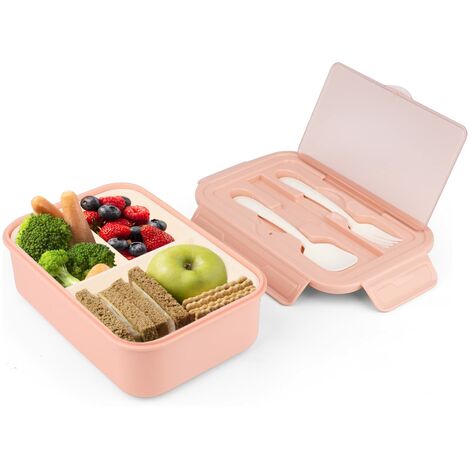Lunch Box, Bento Lunch Box en Plastique pour Enfant Adulte, 1400 ML Boite Repas avec Couverts(Fourchette et Cuillère), sans BPA, pour Micro-Ondes et Lave-Vaisselle, Rose
