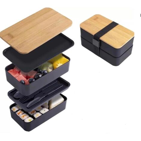 Lunch Box Bento Scomparto per scatola dei pasti a 2 strati 1200 ml Lunchbox ermetico Bento Box per adulti Bambini Picnic Lavoro Scuola (Nero)