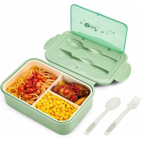 Lunch Box, Boîte à Déjeuner en Plastique pour Enfant Adulte, Boîte à Repas avec Trois Compartiments et des Couverts(Fourchette et Cuillère), sans BPA, pour Micro-Ondes et Lave-Vaisselle - Vert