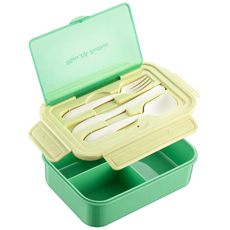 Lunch Box, Boîte à Déjeuner en Plastique pour Enfant Adulte, Boîte à Repas avec Trois Compartiments et des Couverts(Fourchette et Cuillère), sans BPA, pour Micro-Ondes et Lave-Vaisselle - vert