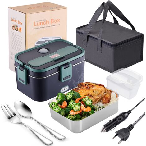 Lunch Box Chauffante Électrique 12V/24V/220V - 1.8L 80W Acier Inox Chauffage Rapide Gamelle - Boîte Repas Amovible - pour Bureau, École, Voyage, Voiture, Avec Sac Isotherme