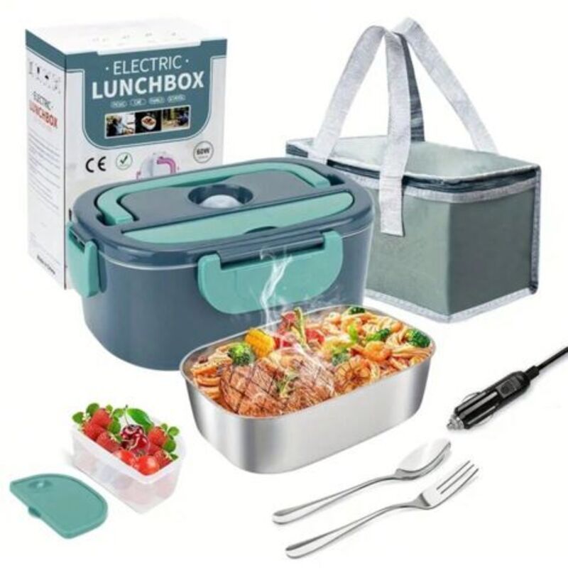 Lunch Box Chauffante Électrique 4 en 1 12V/24V/110V220V, 1.5L 40W Acier Inox Chauffage Rapide Gamelle, Boîte Repas Amovible, pour Bureau, École,