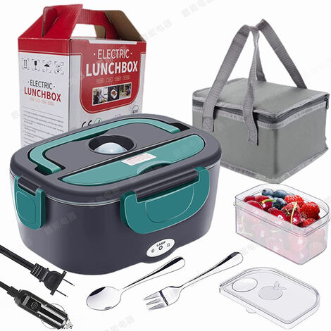 Lunch Box Chauffante Électrique - Boîte repas transportable 2-en-1 pour voiture & maison – Étanche, avec 2 compartiments, contenant en inox 304, fourchette & cuillère, plus une sacoche