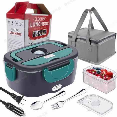 Lunch Box Chauffante Électrique - Boîte repas transportable 2-en-1 pour voiture & maison – Étanche, avec 2 compartiments, contenant en inox 304, fourchette & cuillère, plus une sacoche