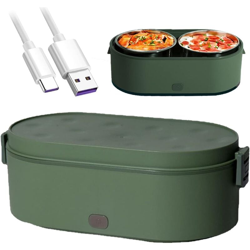 Kinsi - Lunch Box Chauffante Électrique, usb Boîte à Lunch Portable, 27 oz, avec 2 Acier Inoxydable Amovible Intérieur, Vert, 800ml