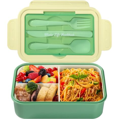 Lunch Box, Enfant Adulte Bento Box 1400ml avec 3 Compartiments, Étanche Boite Lunch avec Couverts, Boite Repas Convient pour Micro-onde Lave-vaisselle, École Pique-Nique Travail (Vert)