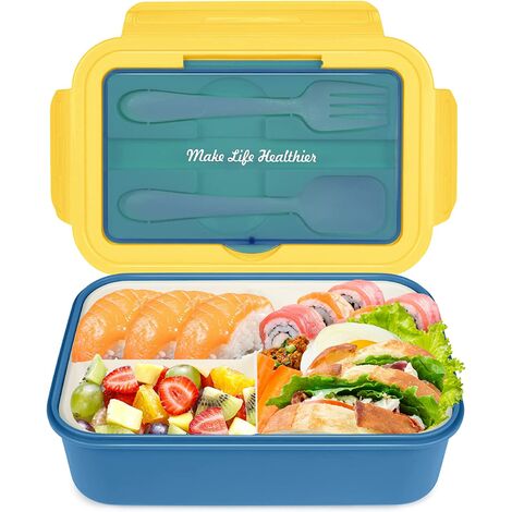 Lunch Box Enfants avec Compartiments, Bento Lunch Box Adultes 1400ML Lunch Box School Lunch Box Leakproof Breakfast Box Set de Couverts Intégrés Cuillère et Fourchette, Bleu