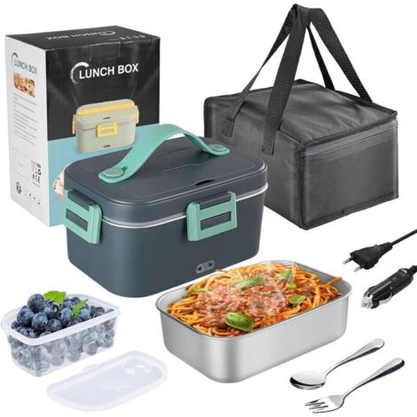 Lunch Box Gamelle Chauffante 75W, 1.8L, 3-en-1 (12V/24V/220V), Boîte Chauffante Repas Portable avec Couverts et Sac Isolants, Vert, pour Voiture, Camion, Bureau, École