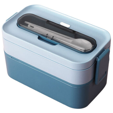 Lunch Box Isotherme, Bento Lunchbox-1600ML, Boîte à Déjeuner avec Couverts, Anti-Fuite Bento Box Avec 2 Compartiments Boîte Repas en Plastique pour Enfant Adult, Le Bureau École Ou Picnic, Bleu
