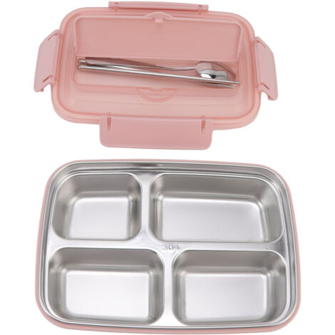 Lunchbox aus Edelstahl 304, 4 Fächer mit passendem Besteck, tragbar für Schule und Büro, rosa