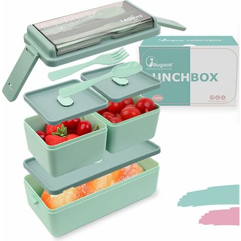 Bugucat Lunch Box 1600ML, 2 in 1 Bento Box Leak-Proof Lunch Containers