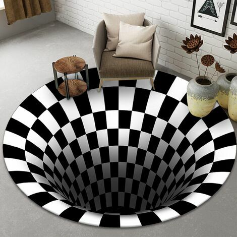 lune-Tapis noir et blanc stéréo vision tapis circulaire salon chambre table basse tapis 3D illusion piège
