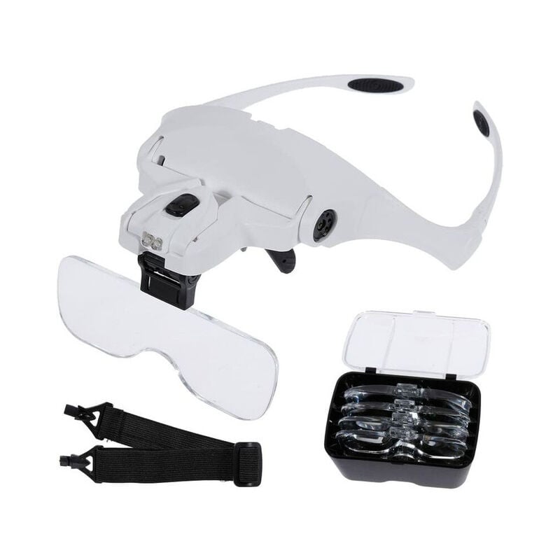 Lunette de Loupe 2 Lumières led 5 Lentilles Lunettes Grossissantes Ajustable,Interchangeable,1.0X,1.5X,2.0X,2.5X,3.5X Tissu Nettoyage Pour