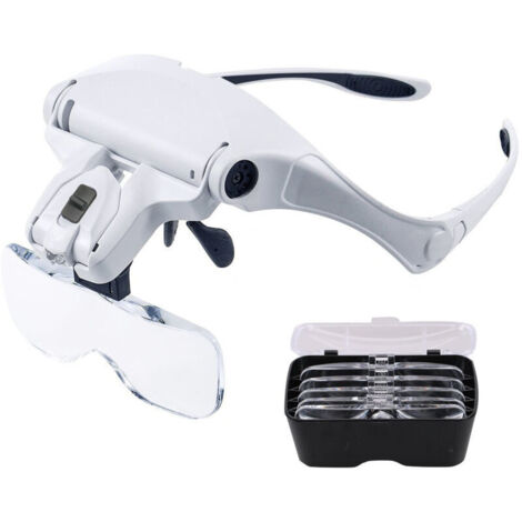 Lunette Loupe avec 2 LED - Loupe Eclairante Frontale pour Lecture,Tous Les Travaux de Précision,Réparations,Couture,Bijoux,Montres et Artisanat - 5 Lentilles Détachables (1.0X à 3.5X)