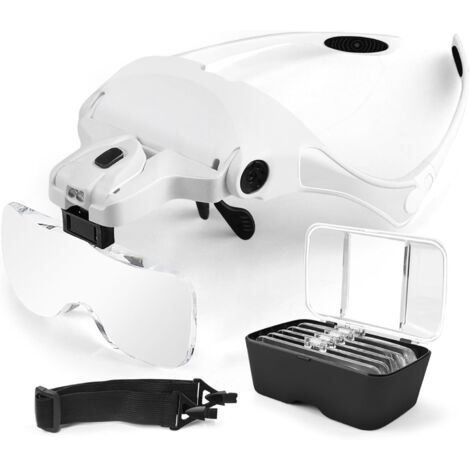 Lunette Loupe avec 2 LED  Loupe Eclairante Frontale pour Lecture,Tous Les Travaux de récision,Réparations,Couture,Bijoux,Montres et Artisanat - 5 Lentilles Détachables (1.0X à 3.5X)