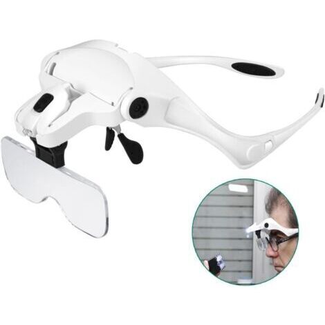 Lunette Loupe avec 2 LED - Loupe Eclairante Loupe Frontale pour Lecture,Tous Les Travaux de Précision,Réparations,Couture,Bijoux,Montres et Artisanat - 5 Lentilles Détachables (1.0X à 3.5X)