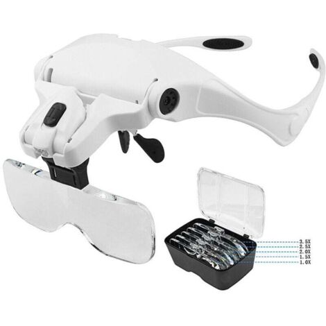 Lunette Loupe avec 2 LED - pour Lecture,Tous Les Travaux de Précision,Réparations,Couture,Bijoux - 5 Lentilles Détachables (1.0X à 3.5X)
