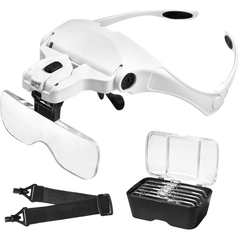 SNQ - Lunette Loupe avec 2 Lumières led, Interchangeable 5 Lentilles 1.0X à 3.5X, Parfait pour Tous Les Travaux de Précision