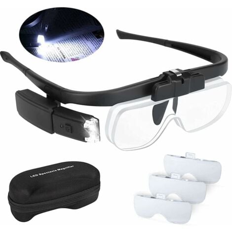 Lunette Loupe Eclairante LED 2 Lumières, Loupe Serre-Tête pour Lecture Précision Travail Horloger Malvoyant Main , USB Rechargeable Loupe Frontale Grossissante Interchangeable 1.5X, 2X, 2.5X,TRIMEC