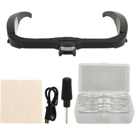 Lunettes de loupe frontale avec 5 lentilles, 3 LED, 2 niveaux de luminosité et bandeau réglable - 3.7V