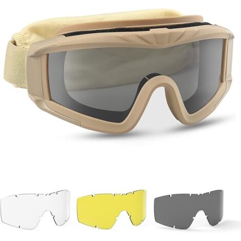 Lunettes de protection militaires tactiques avec 3 verres interchangeables Protection UV400 Lunettes de tir anti-buée Lunettes de plein air Sport Chasse Cyclisme Paintball couleur kaki