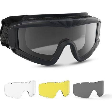 Lunettes de protection militaires tactiques avec 3 verres interchangeables Protection UV400 Lunettes de tir anti-buée Lunettes de plein air Sport Chasse Cyclisme Paintball noir